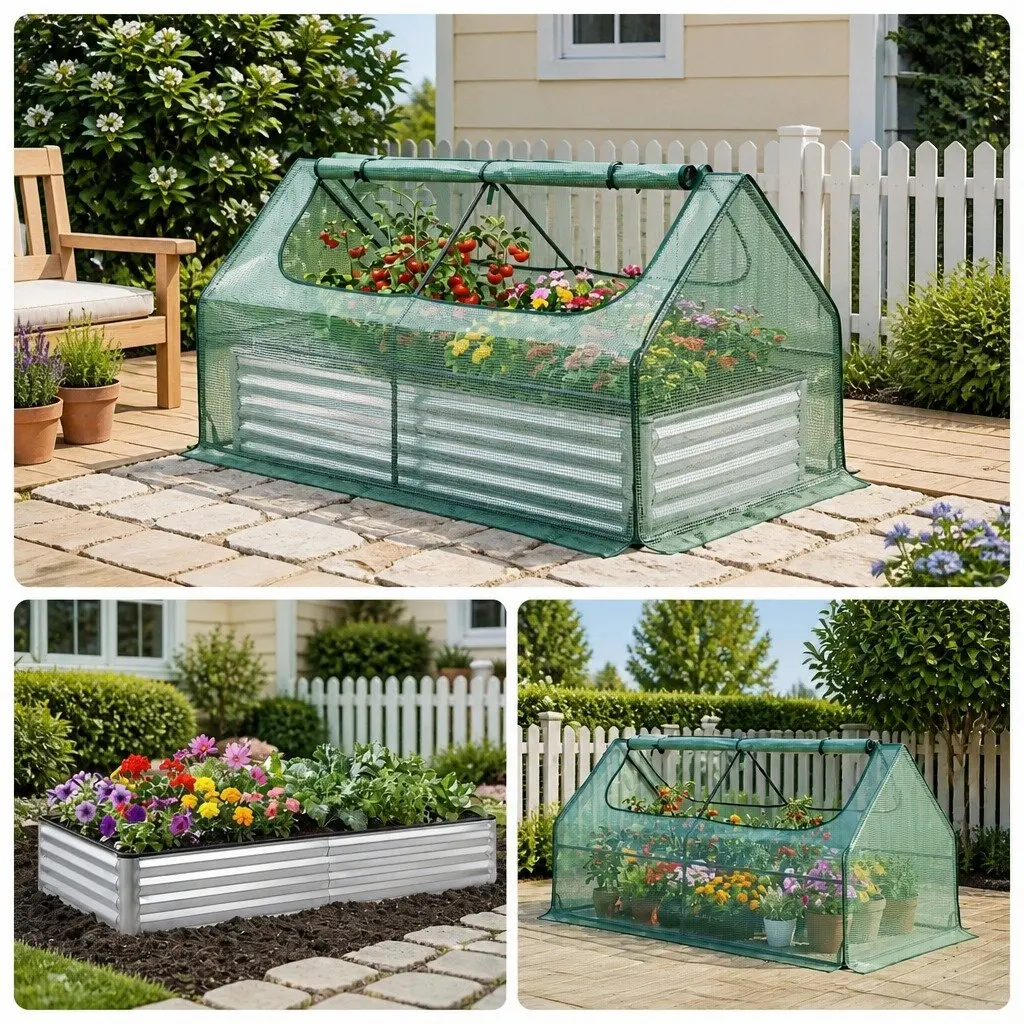 Raised Garden Bed Galvanised Steel 190 x 90 x 90 cm Green and Silver with Greenhouse Cover
