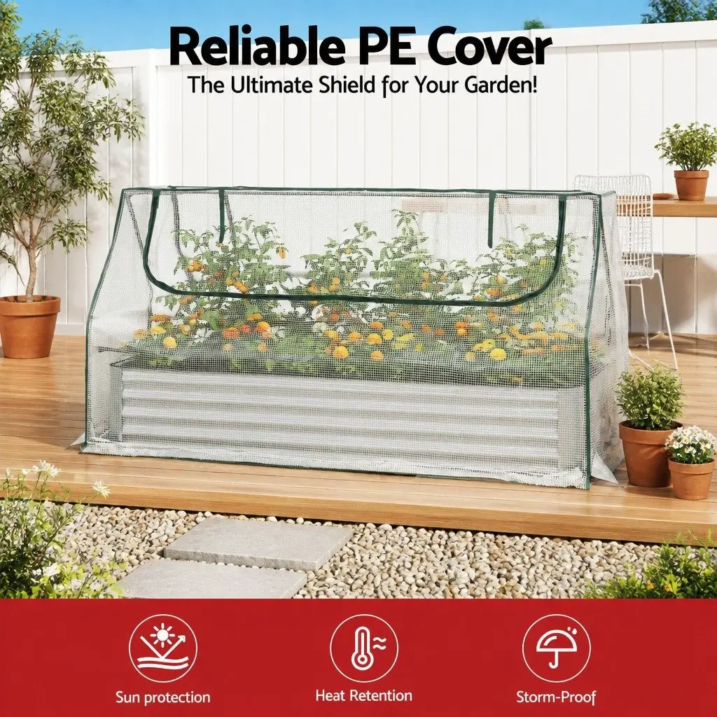 Raised Garden Bed Galvanised Steel Greenhouse Planter Box with Opening Windows 190x90x90cm White and Silver