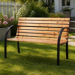 Outdoor Garden Bench 120cm 2 Seater Wooden Patio Furniture Steel Frame Natural