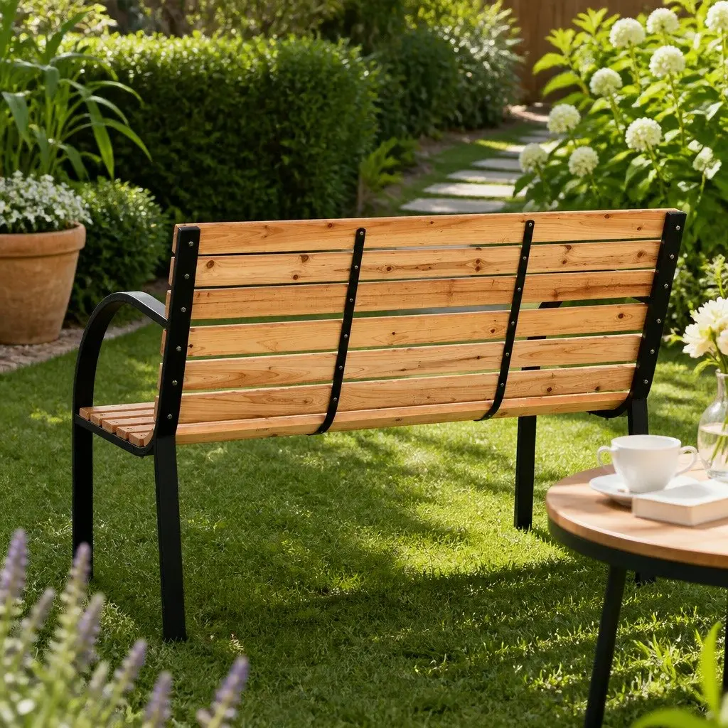 Outdoor Garden Bench Wooden 120cm 2 Seater Natural Steel Frame