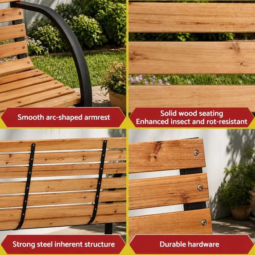 Outdoor Garden Bench Wooden 120cm 2 Seater Natural Steel Frame