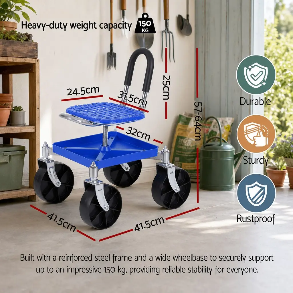 Garden Stool Height Adjustable 360 Swivel Steel Blue