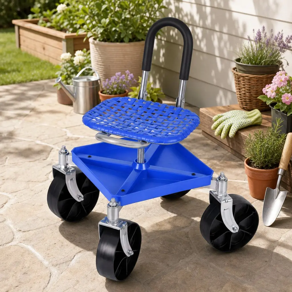 Garden Stool Height Adjustable 360 Swivel Steel Blue