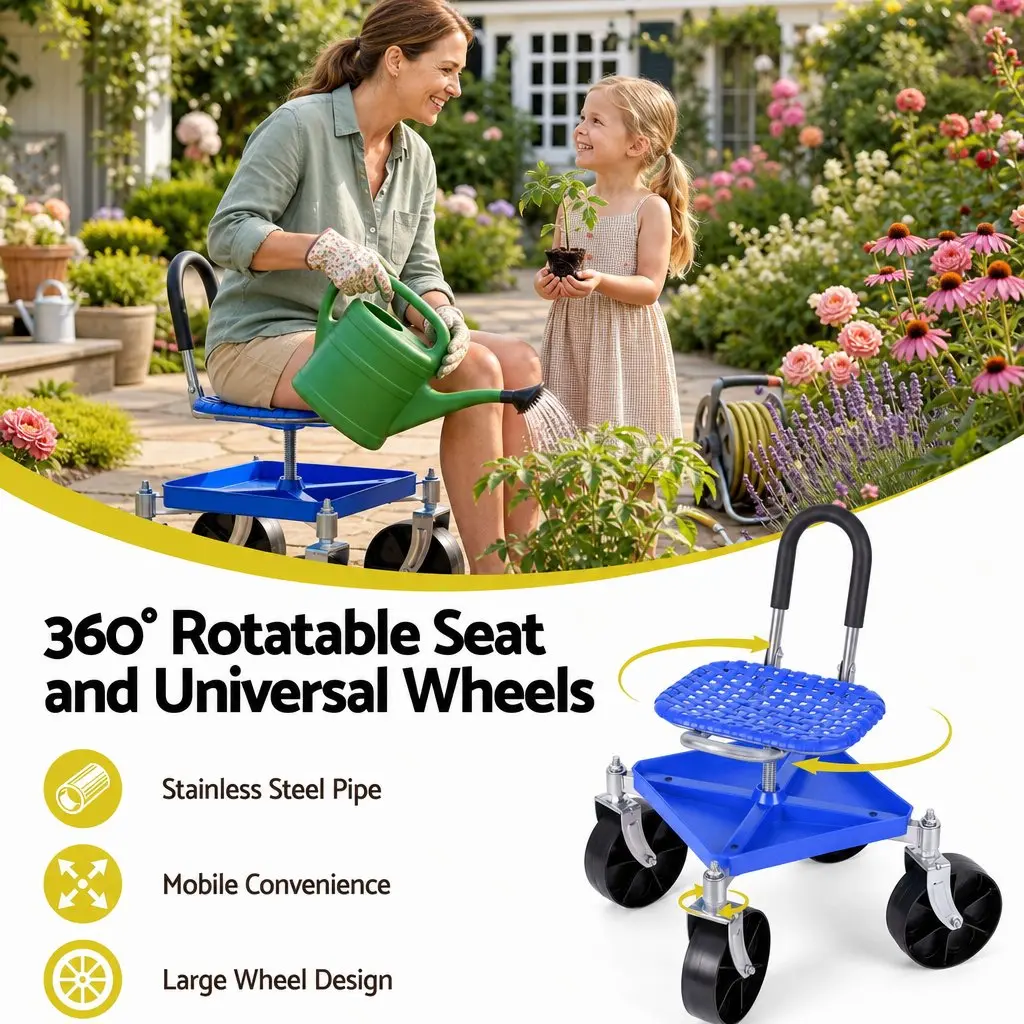 Garden Stool Height Adjustable 360 Swivel Steel Blue
