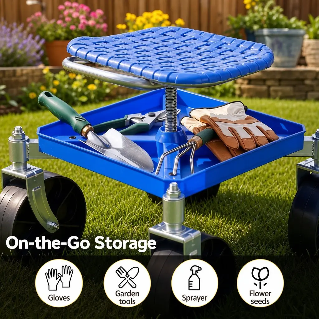 Garden Stool Height Adjustable 360 Swivel Steel Blue