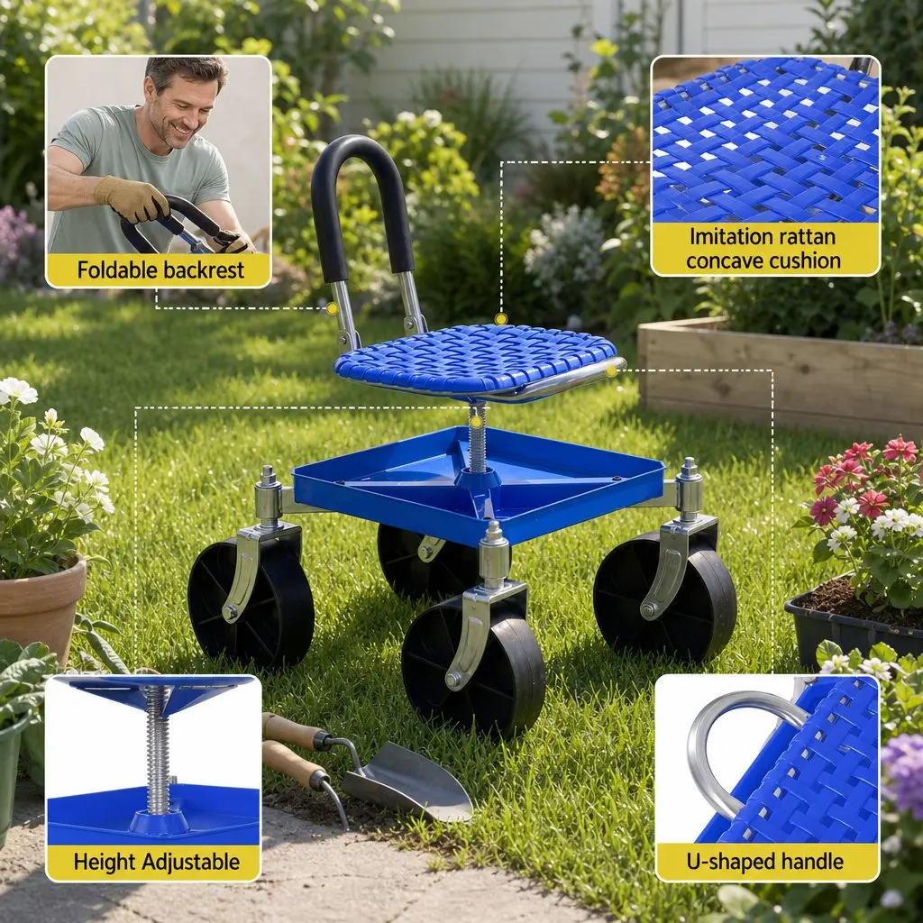 Garden Stool Height Adjustable 360 Swivel Steel Blue