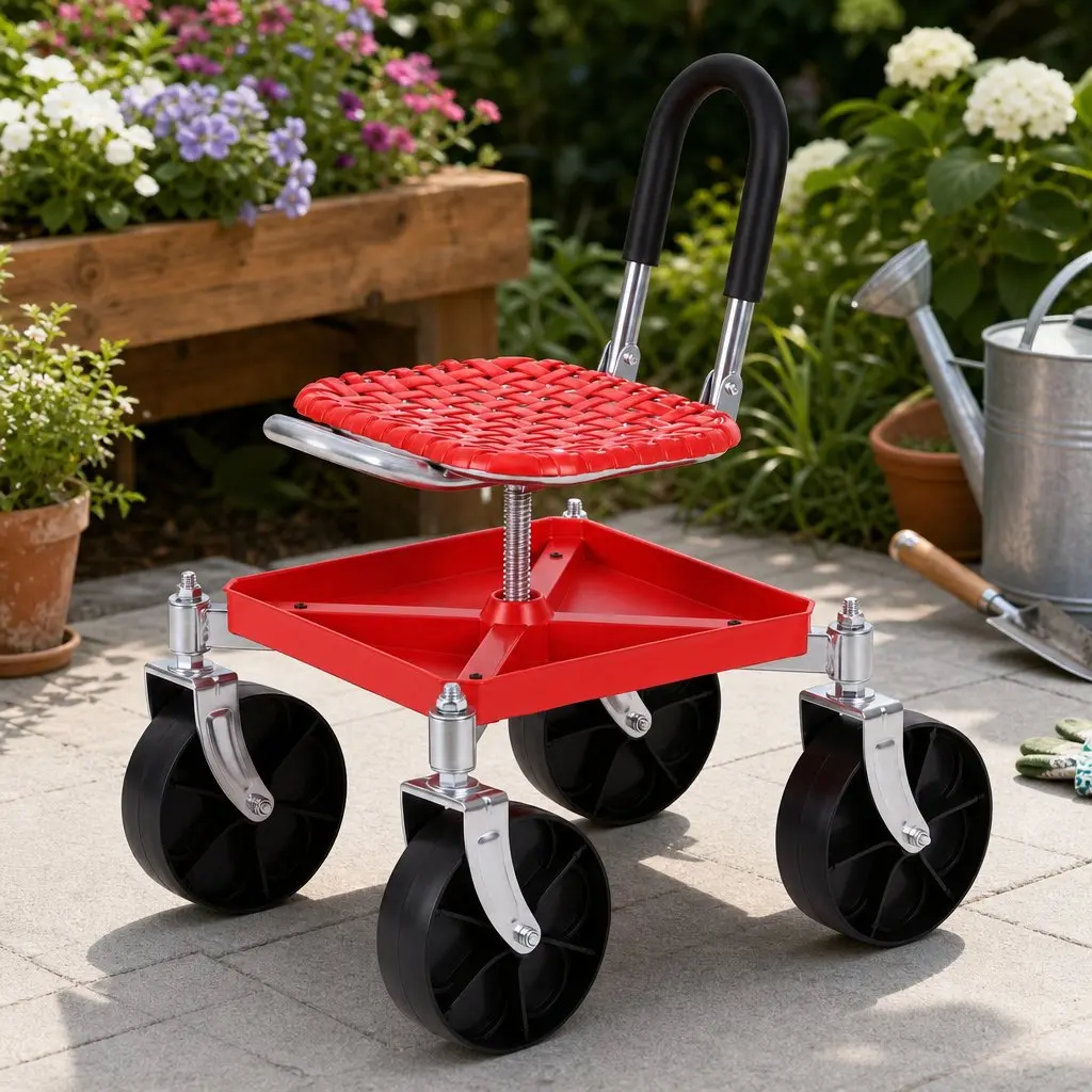 Garden Stool Rolling Height Adjustable Steel 360 Swivel Red