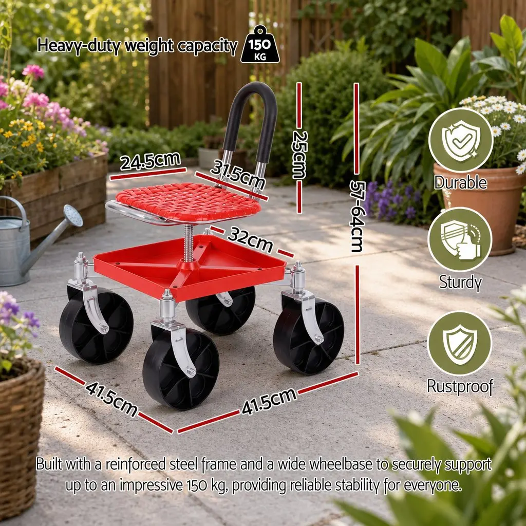Garden Stool Rolling Height Adjustable Steel 360 Swivel Red