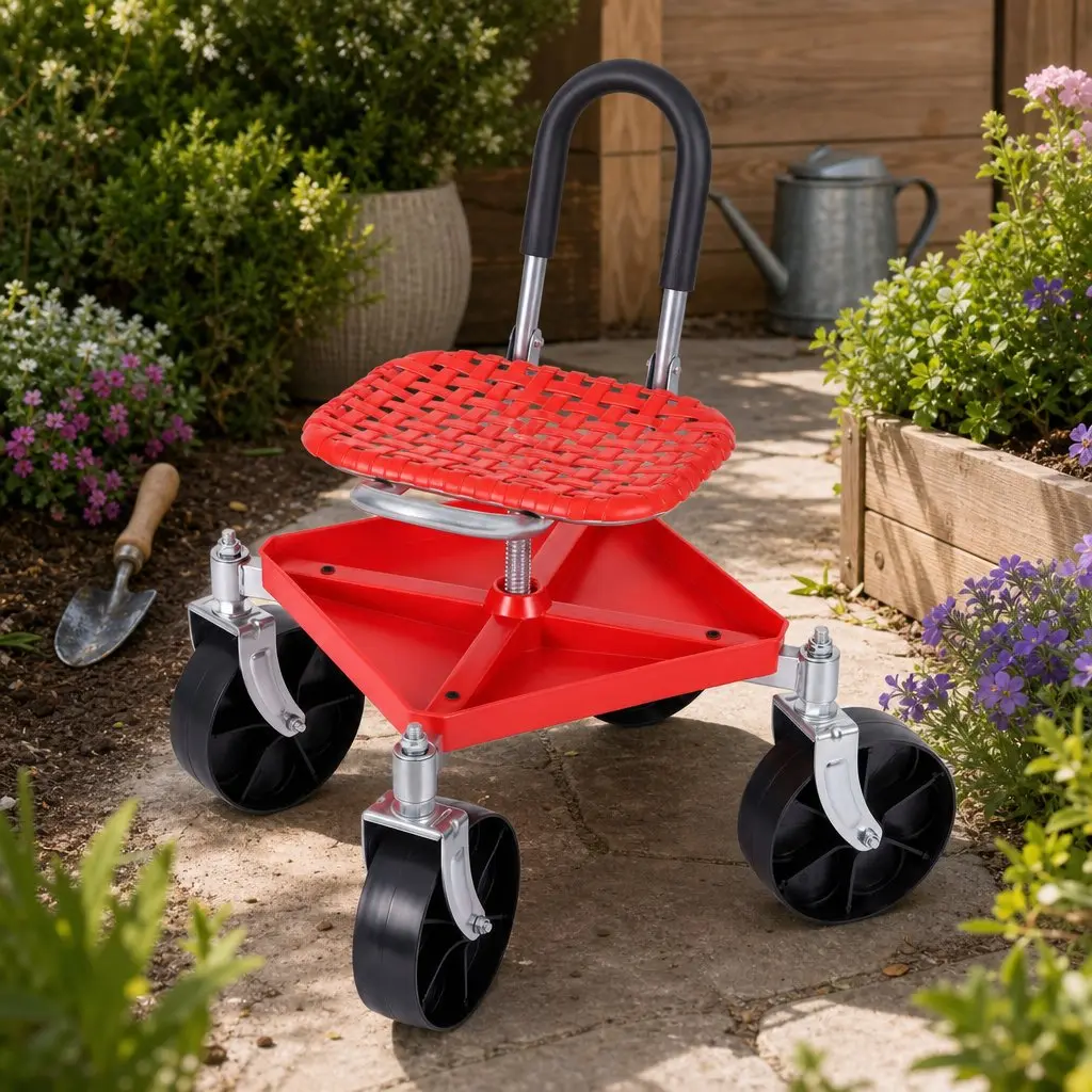 Garden Stool Rolling Height Adjustable Steel 360 Swivel Red