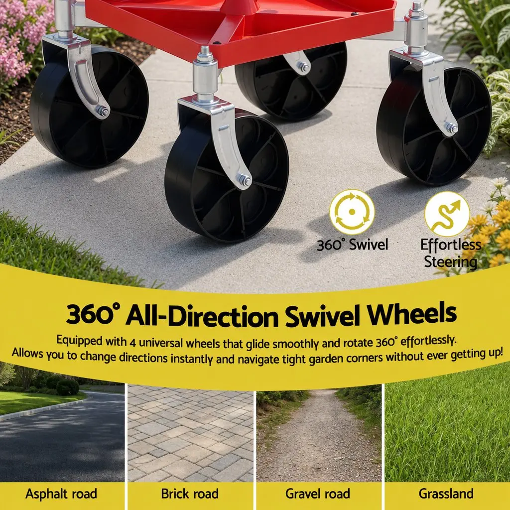 Garden Stool Rolling Height Adjustable Steel 360 Swivel Red
