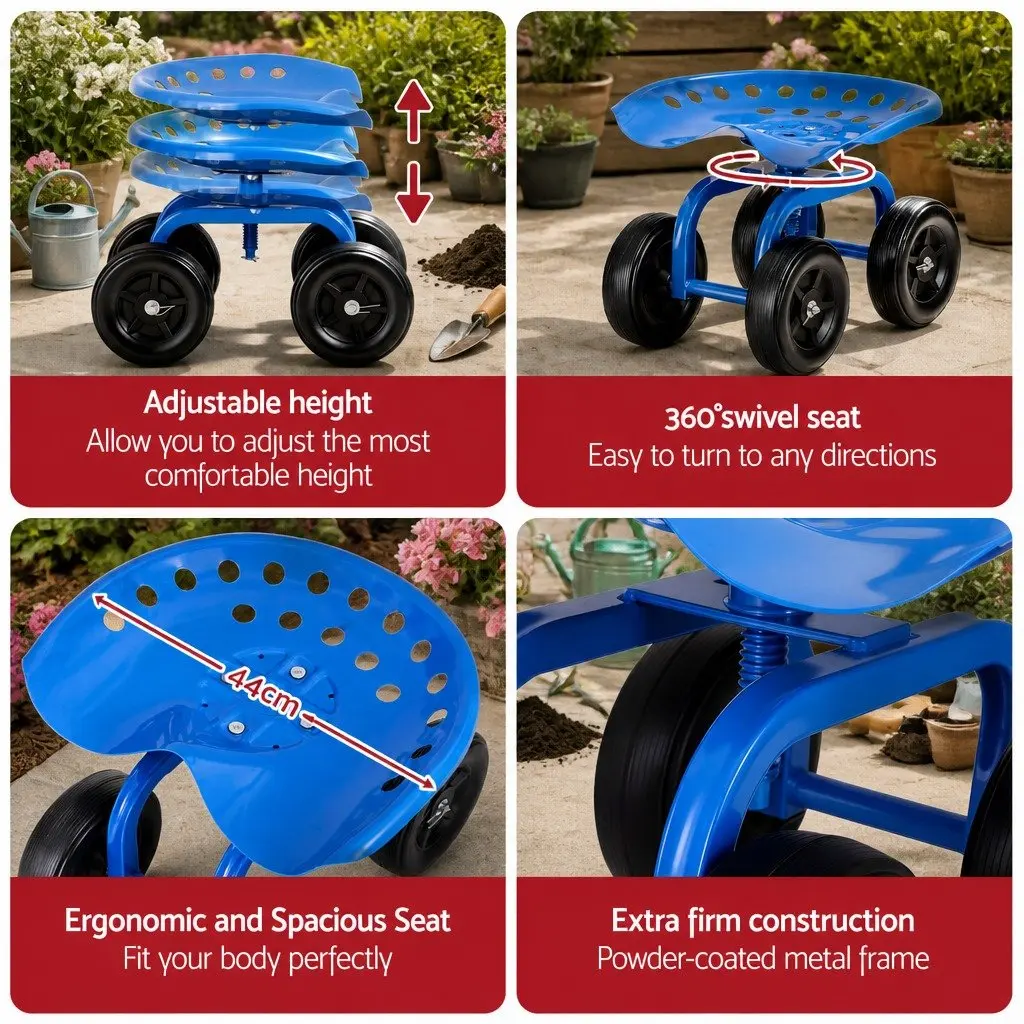 Garden Rolling Seat Steel 48x29x37cm Blue Black 360 Swivel Adjustable Height Work Scooter Cart