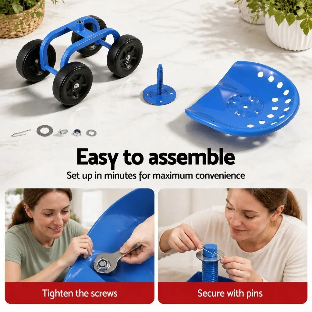 Garden Rolling Seat Steel 48x29x37cm Blue Black 360 Swivel Adjustable Height Work Scooter Cart