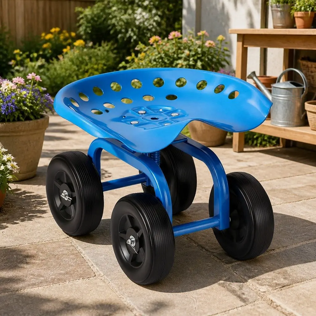 Garden Rolling Seat Steel 48x29x37cm Blue Black 360 Swivel Adjustable Height Work Scooter Cart