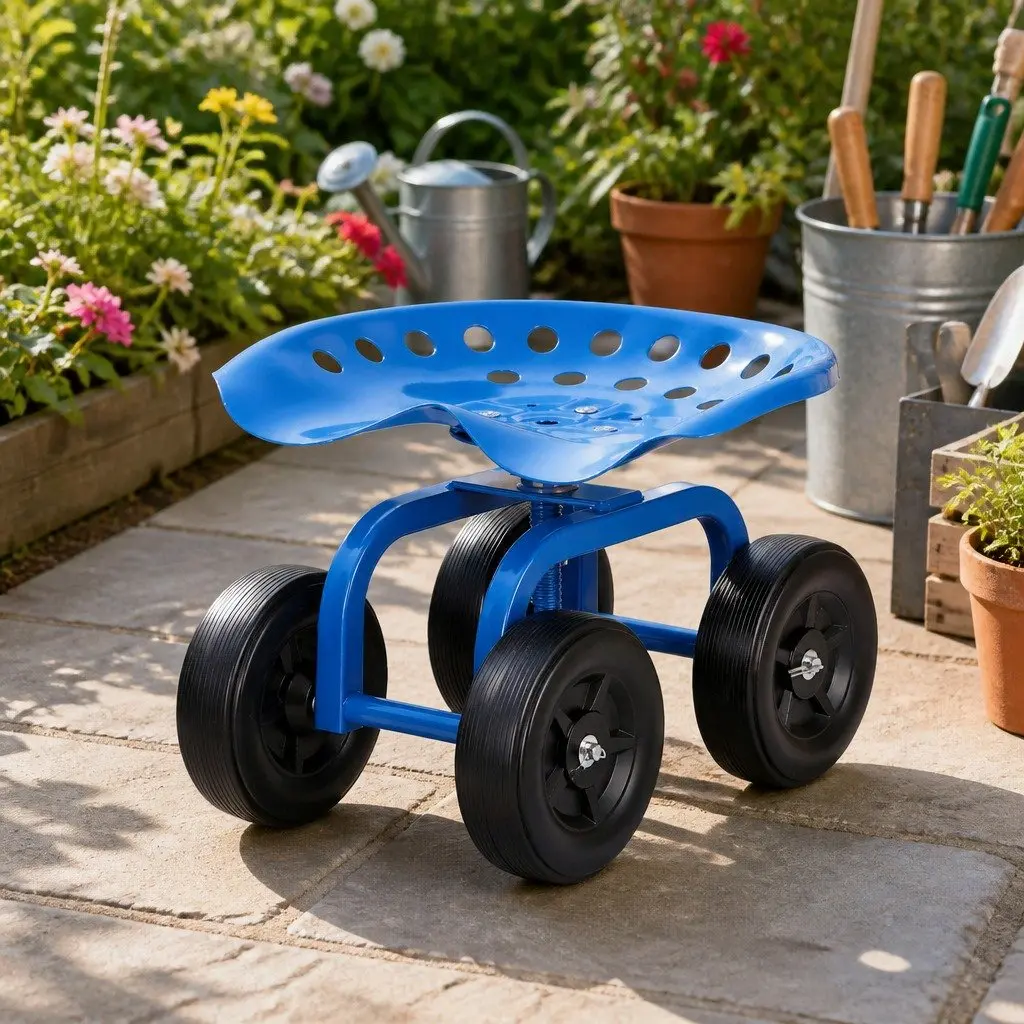 Garden Rolling Seat Steel 48x29x37cm Blue Black 360 Swivel Adjustable Height Work Scooter Cart