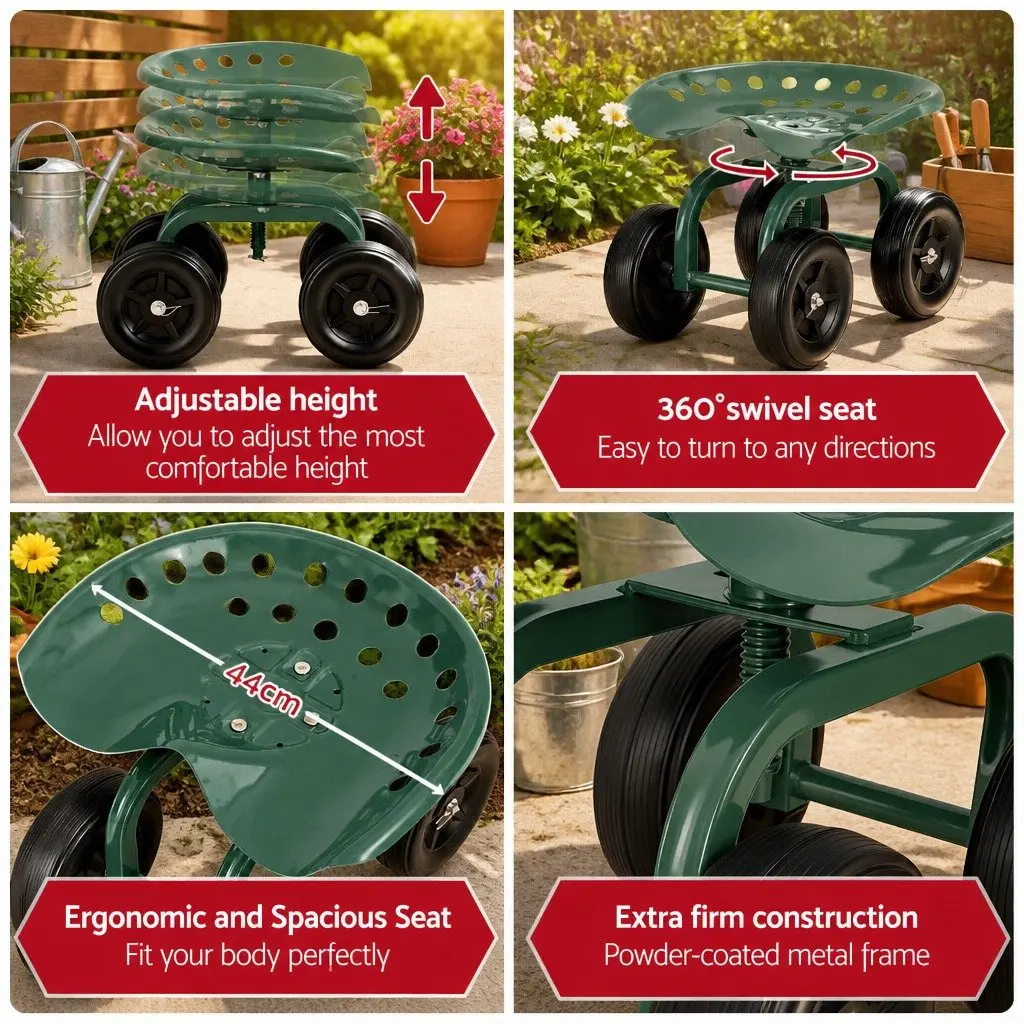 Rolling Garden Seat Steel Adjustable Height Swivel Green Black