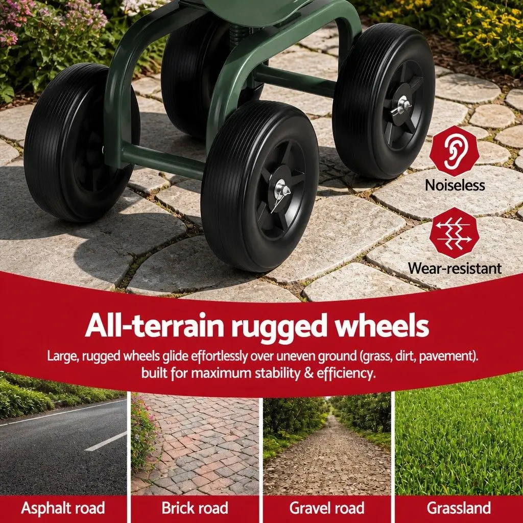 Rolling Garden Seat Steel Adjustable Height Swivel Green Black