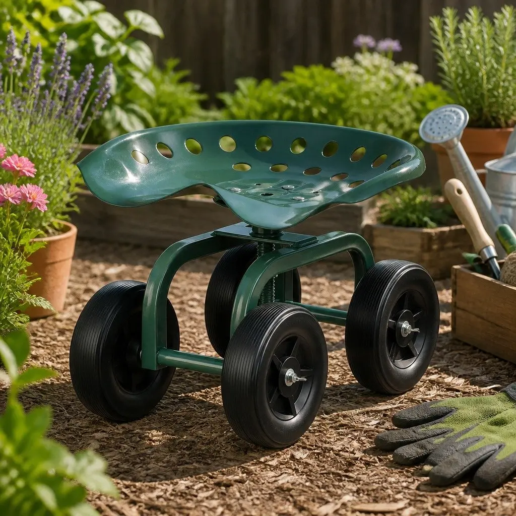 Rolling Garden Seat Steel Adjustable Height Swivel Green Black