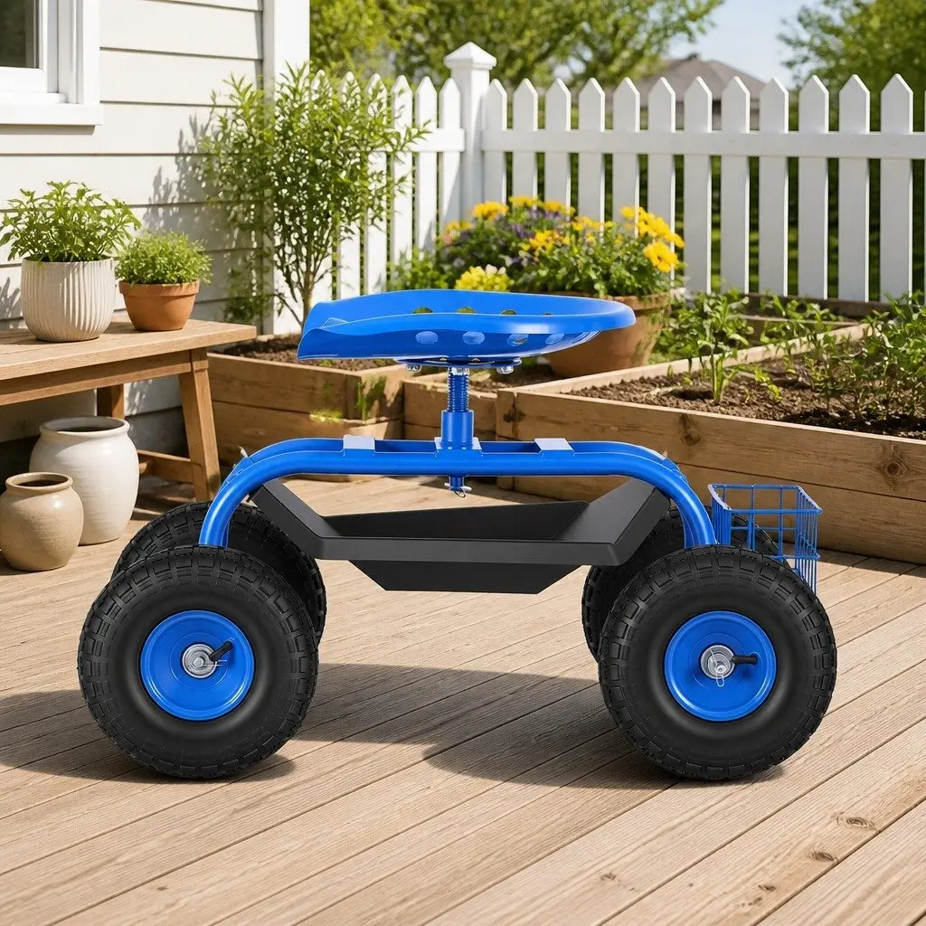 Garden Stool Steel 360 Swivel Adjustable Height 46cm to 56cm Blue with Wheels