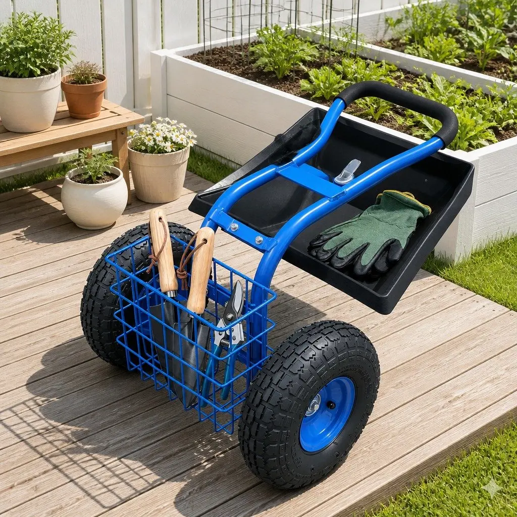 Garden Stool Steel 360 Swivel Adjustable Height 46cm to 56cm Blue with Wheels
