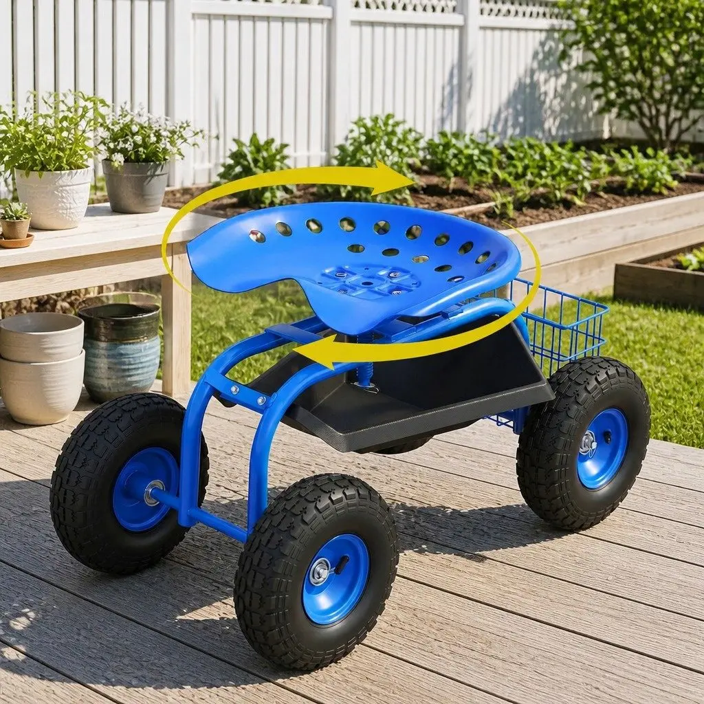 Garden Stool Steel 360 Swivel Adjustable Height 46cm to 56cm Blue with Wheels