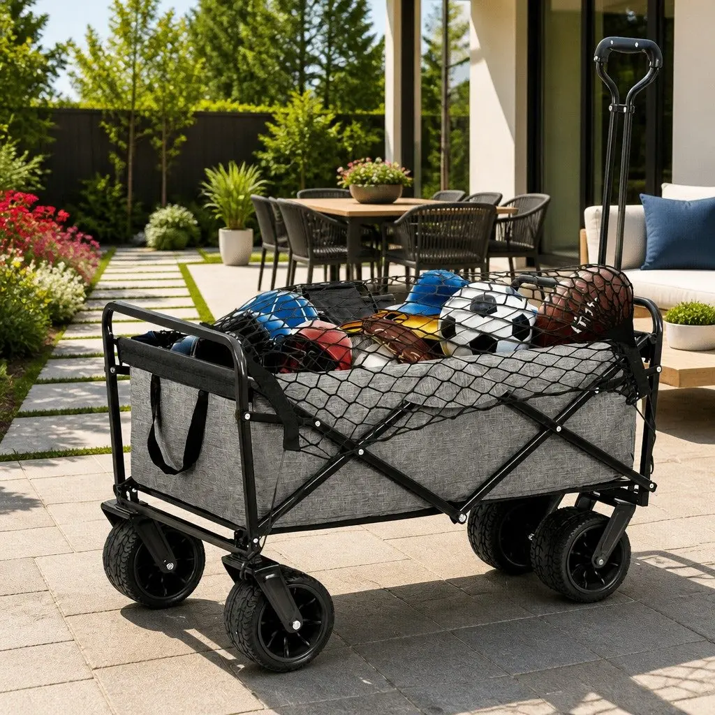 Garden Cart Trolley with Cargo Net Grey Folding Outdoor Storage Heavy Duty