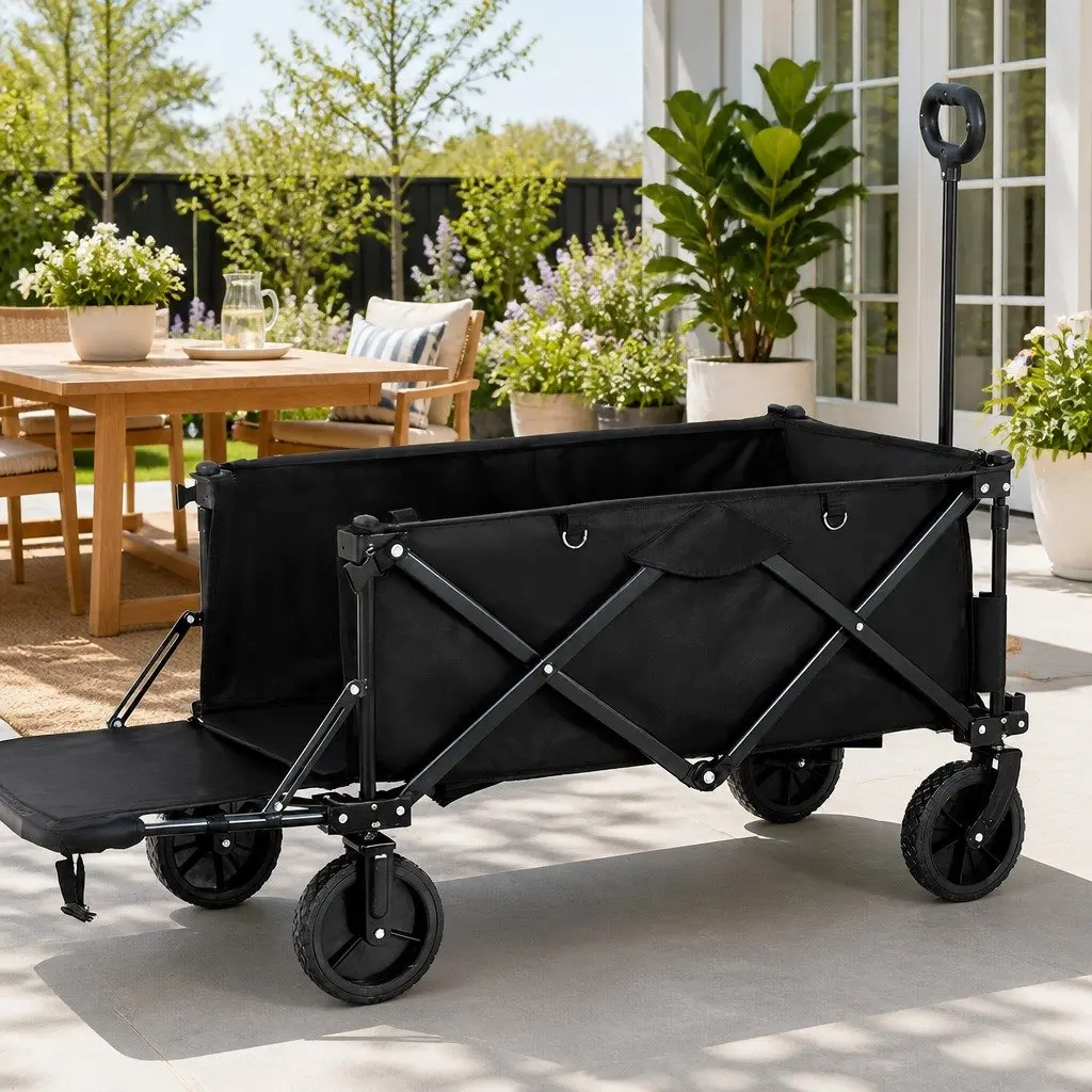 Garden Trolley Cart Steel Frame Folding Outdoor Shopping Gardening 92cm Black