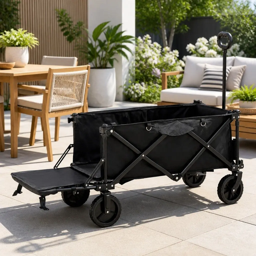 Garden Trolley Cart Steel Frame Folding Outdoor Shopping Gardening 92cm Black