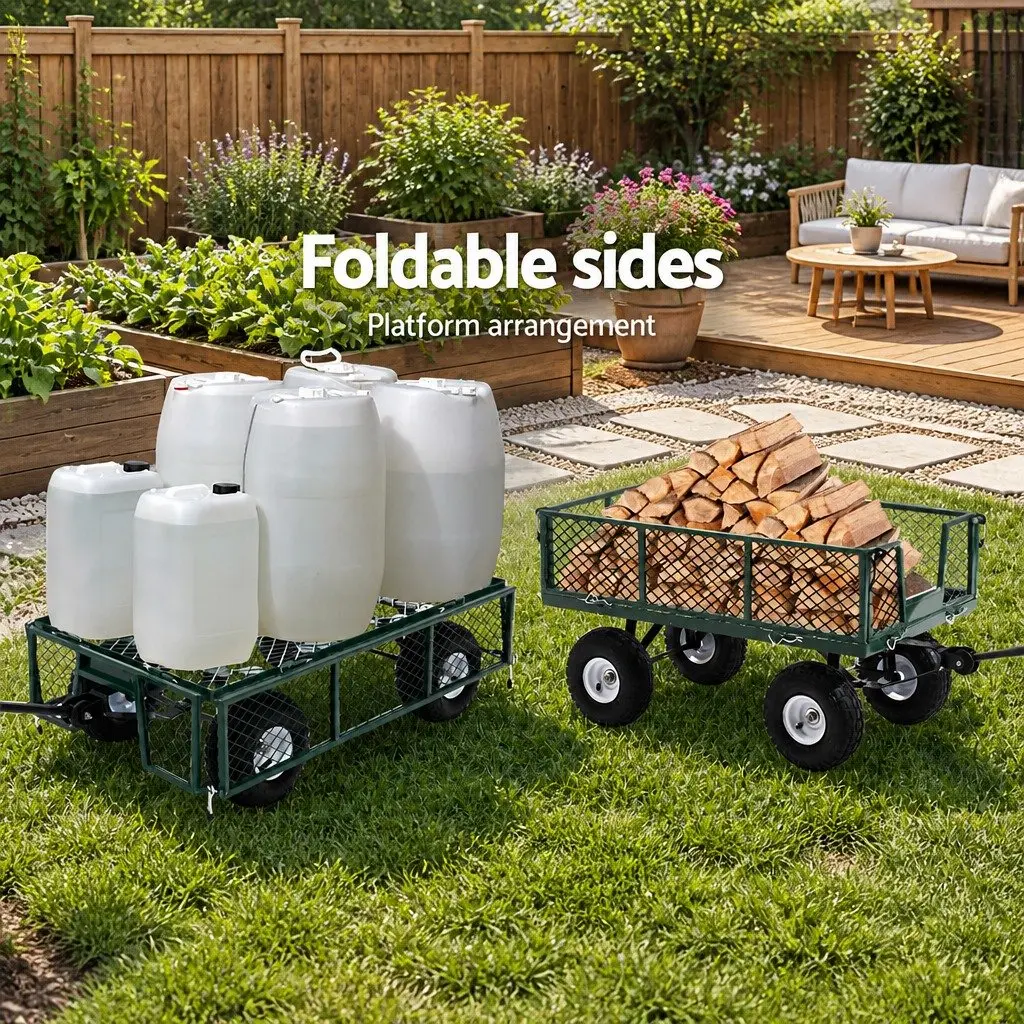 Mesh Garden Cart Steel Heavy-Duty Outdoor Transport Storage Green 96cm