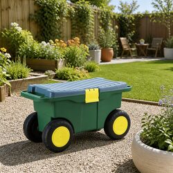 Garden Storage Cart 3-in-1 Tool Box Seat Removable Tray Wheels Green