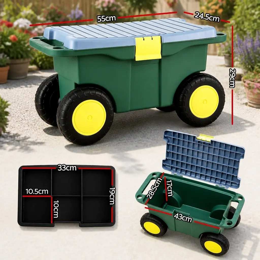 Garden Storage Cart Plastic 55cm Green 3-in-1 Tool Box Seat Removable Tray Wheels