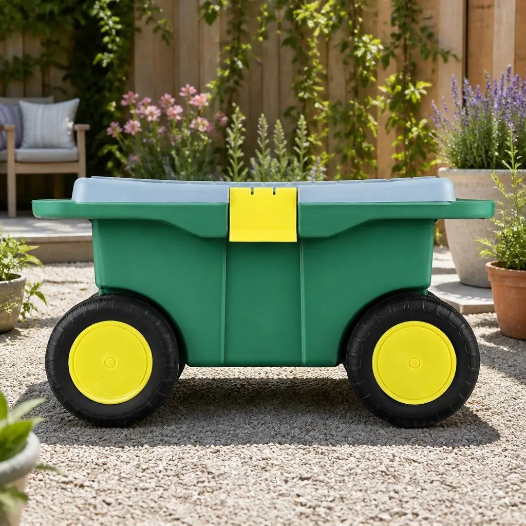 Garden Storage Cart Plastic 55cm Green 3-in-1 Tool Box Seat Removable Tray Wheels