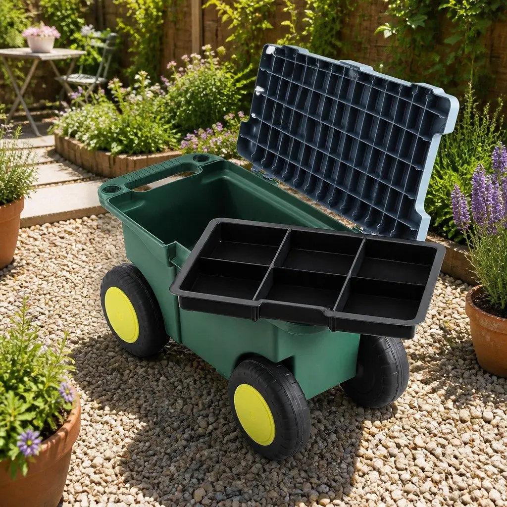 Garden Storage Cart Plastic 55cm Green 3-in-1 Tool Box Seat Removable Tray Wheels