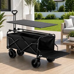 Folding Camping Wagon Utility Cart with Tailgate Table 150L Black Garden