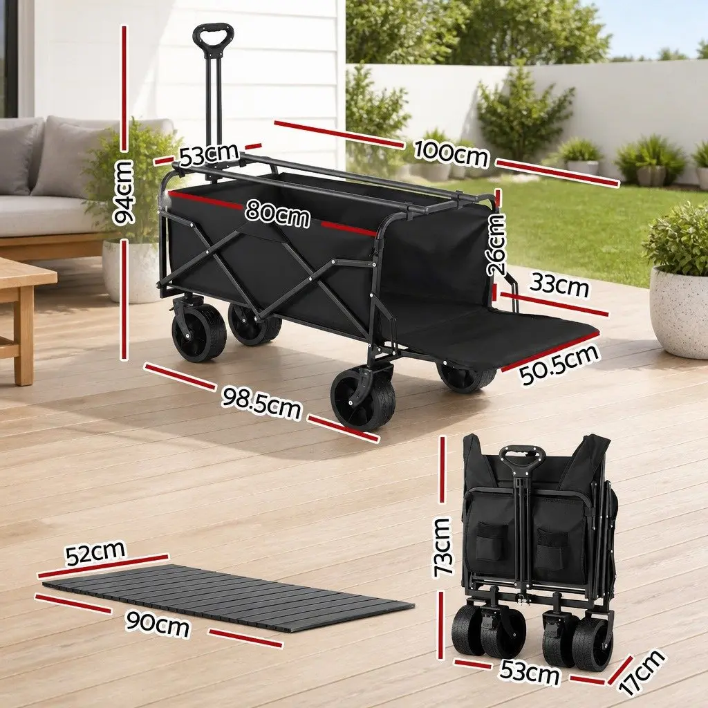 Folding Utility Wagon Camping Cart 150L Black Steel Frame with Removable Side Table