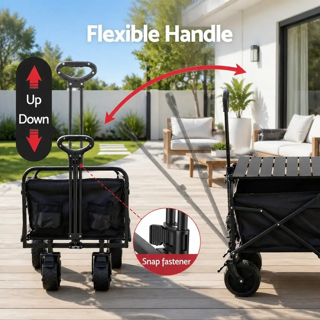 Folding Utility Wagon Camping Cart 150L Black Steel Frame with Removable Side Table