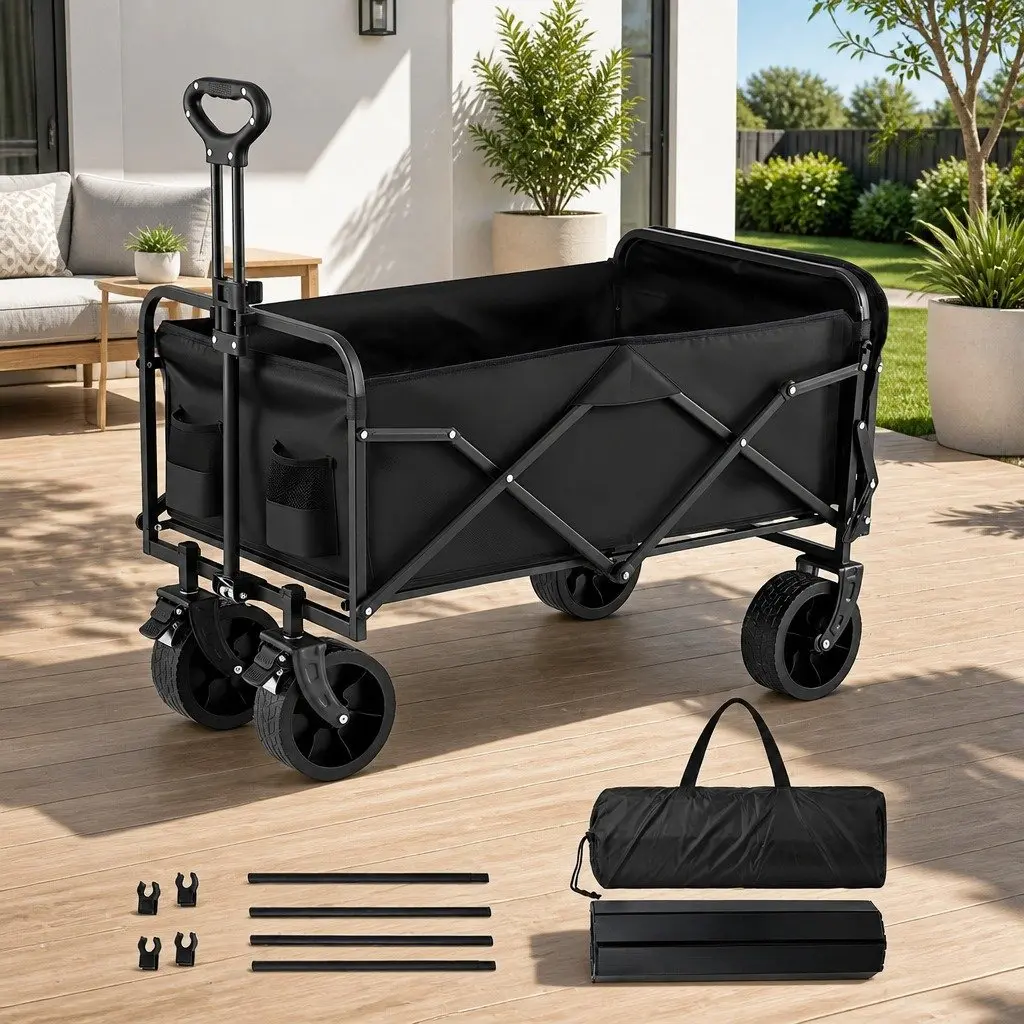 Folding Utility Wagon Camping Cart 150L Black Steel Frame with Removable Side Table