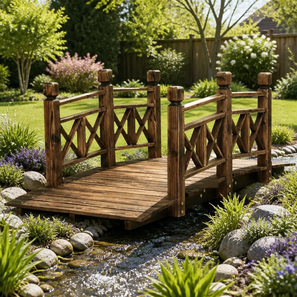 Wooden Garden Bridge 150cm Outdoor Ornament Arch Design with Railings