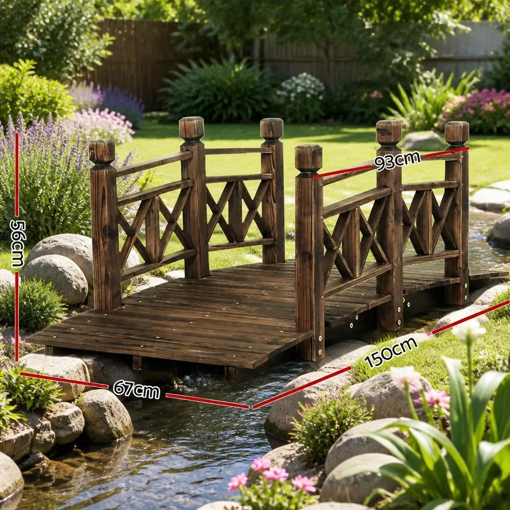 Wooden Garden Bridge 150cm Outdoor Ornament Arch Design with Railings