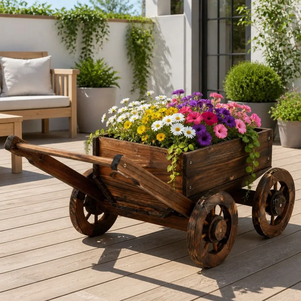 Wooden Planter Cart Solid Fir Wood Natural Charred Brown Outdoor Garden Flower Display Wagon Four Wheels