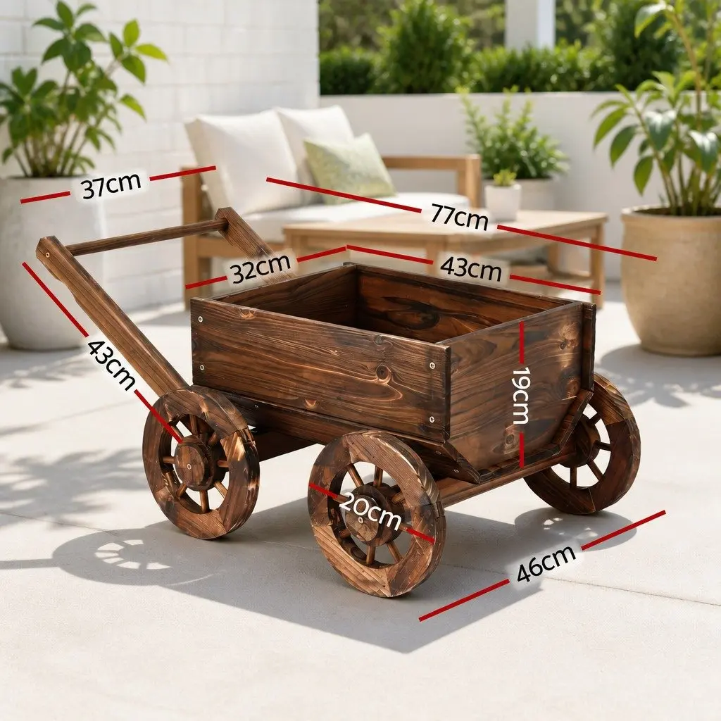 Wooden Planter Cart Solid Fir Wood Natural Charred Brown Outdoor Garden Flower Display Wagon Four Wheels