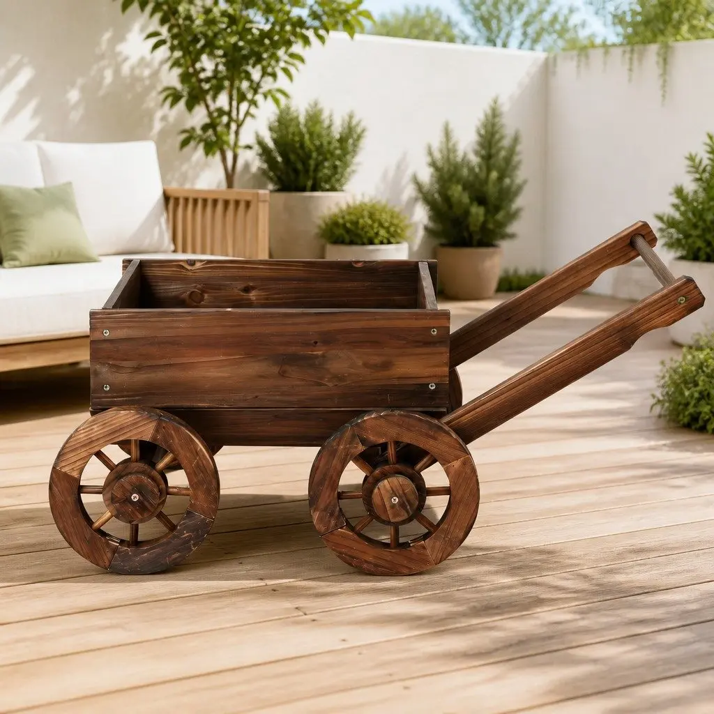 Wooden Planter Cart Solid Fir Wood Natural Charred Brown Outdoor Garden Flower Display Wagon Four Wheels
