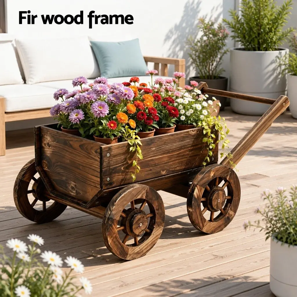 Wooden Planter Cart Solid Fir Wood Natural Charred Brown Outdoor Garden Flower Display Wagon Four Wheels