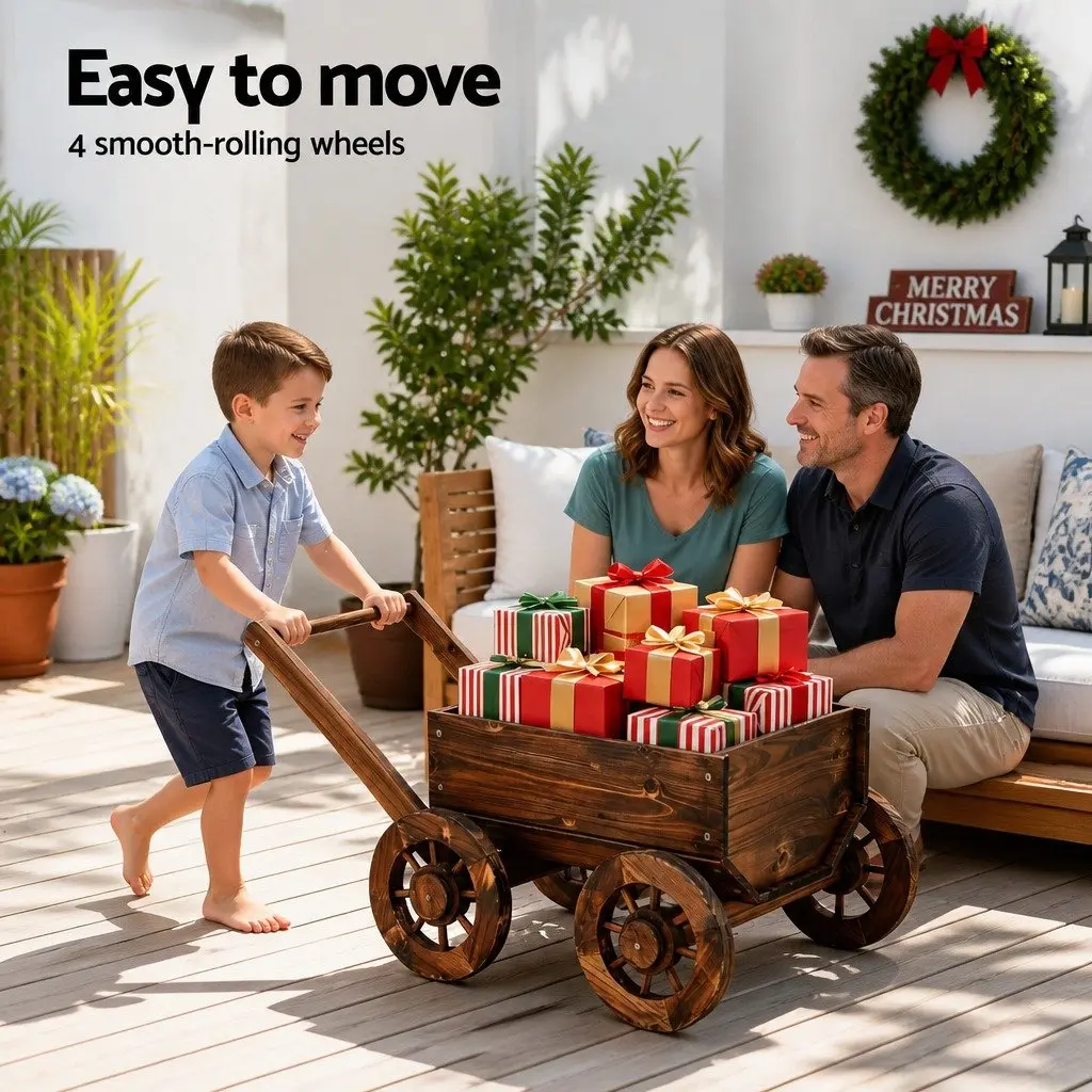 Wooden Planter Cart Solid Fir Wood Natural Charred Brown Outdoor Garden Flower Display Wagon Four Wheels