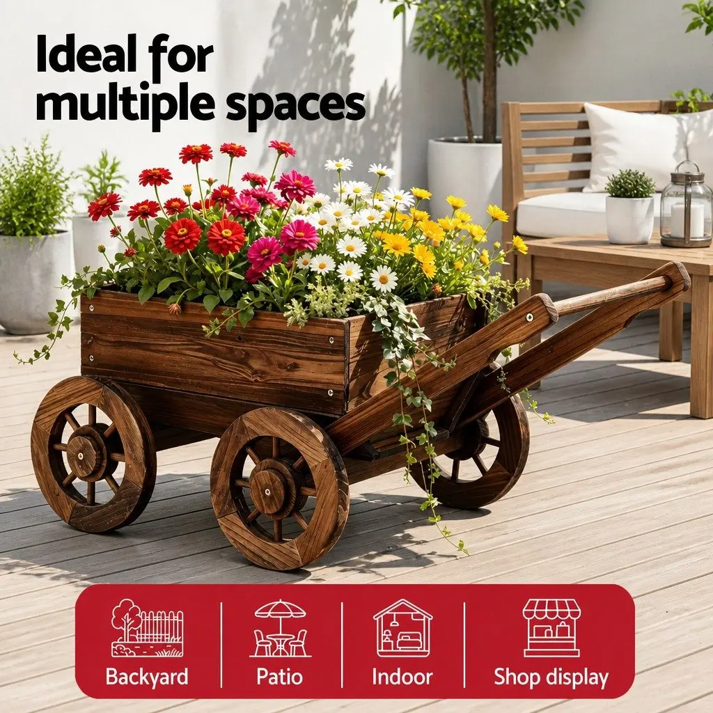 Wooden Planter Cart Solid Fir Wood Natural Charred Brown Outdoor Garden Flower Display Wagon Four Wheels