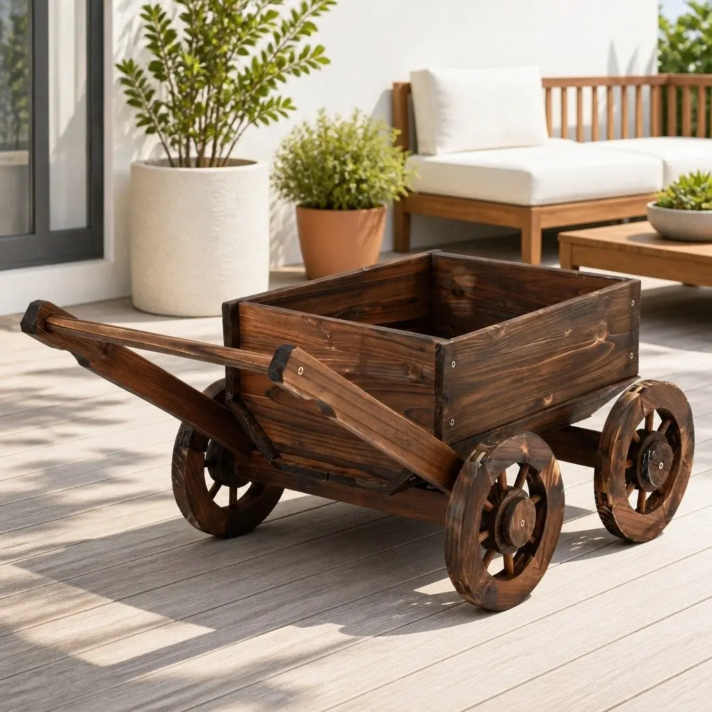 Wooden Planter Cart Solid Fir Wood Natural Charred Brown Outdoor Garden Flower Display Wagon Four Wheels