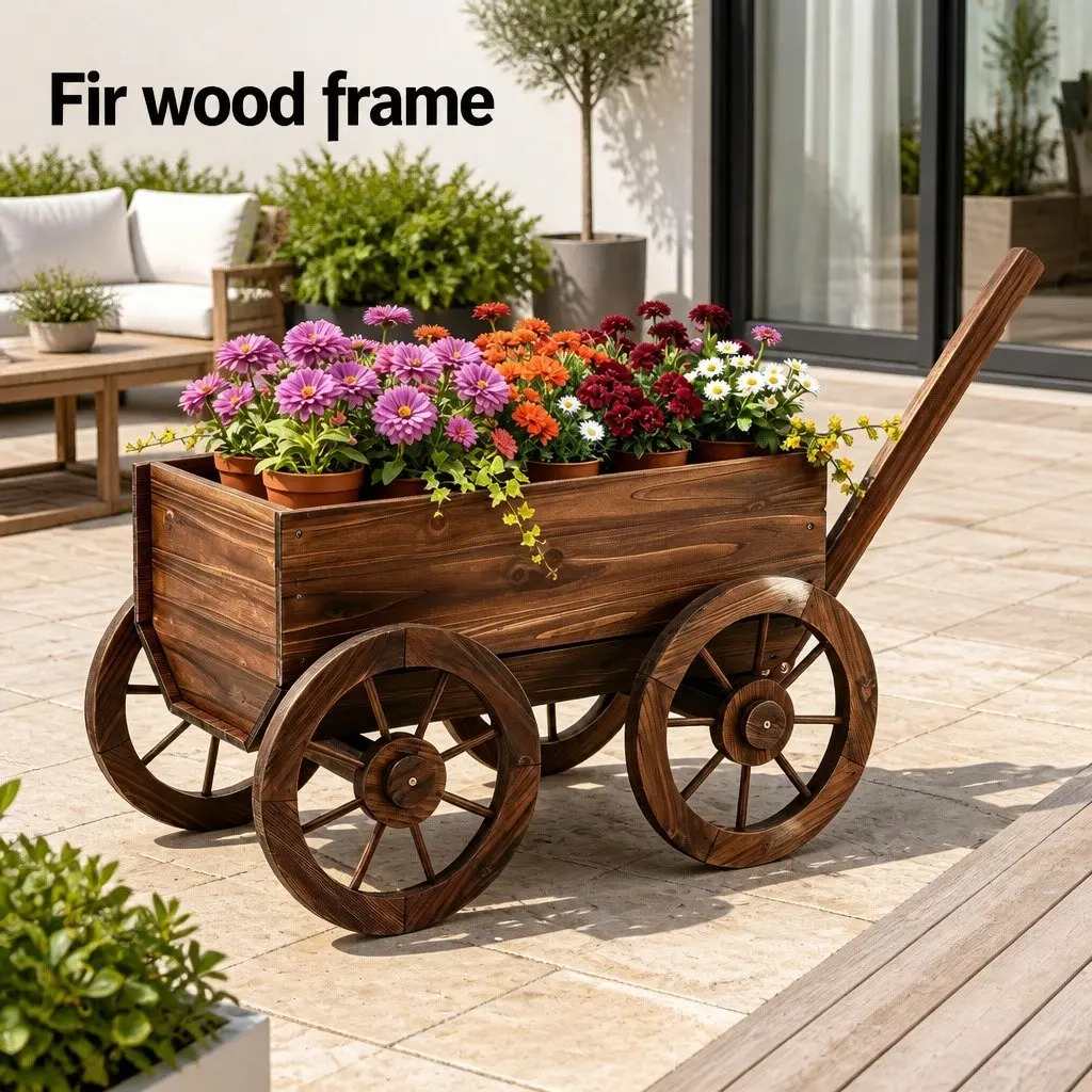 Wooden Planter Cart Garden Flower Wagon Display Stand Four Wheels Outdoor Decor