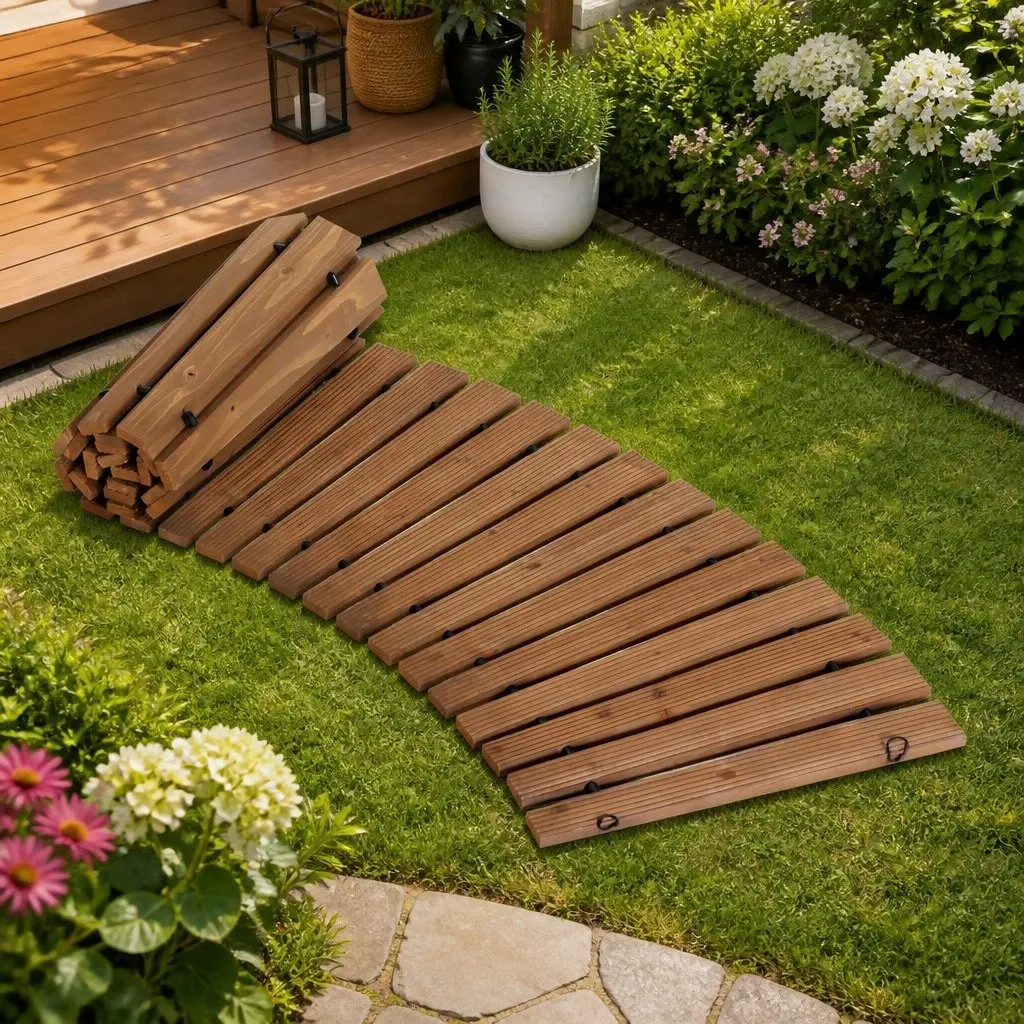 Garden Pathway Walkway 8FT Wooden Roll-Out Curved Outdoor Backyard Terrain Brown