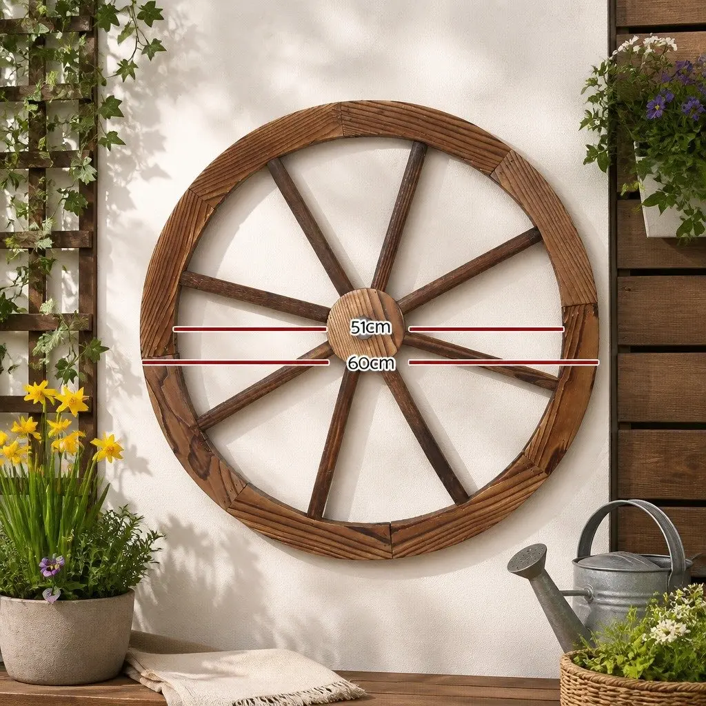 Wooden Wagon Wheel Garden Ornament Rustic Decor Indoor Outdoor Feature 60cm