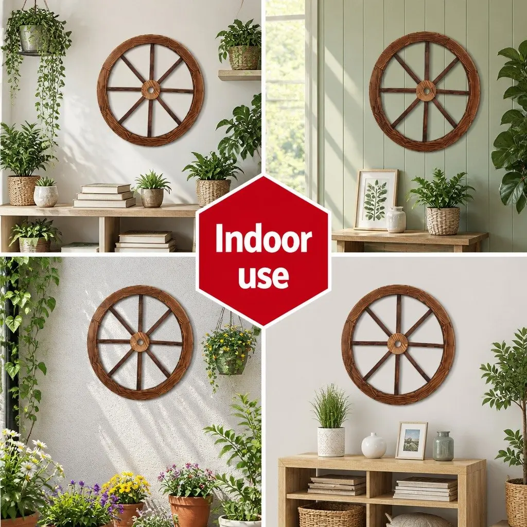 Wooden Wagon Wheel Garden Ornament Rustic Decor Indoor Outdoor Feature 60cm