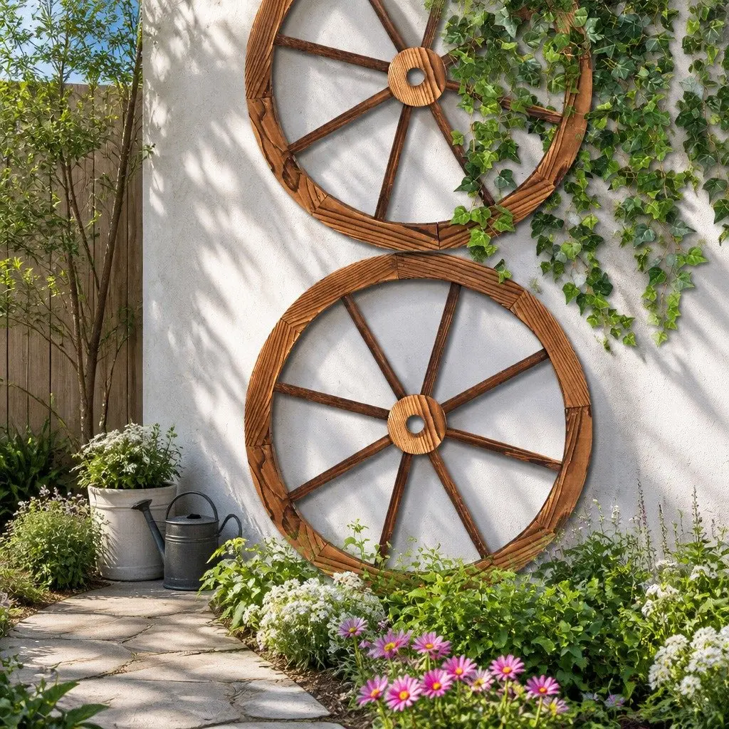 Wooden Wagon Wheel Garden Ornament Rustic Decor Indoor Outdoor Feature 60cm